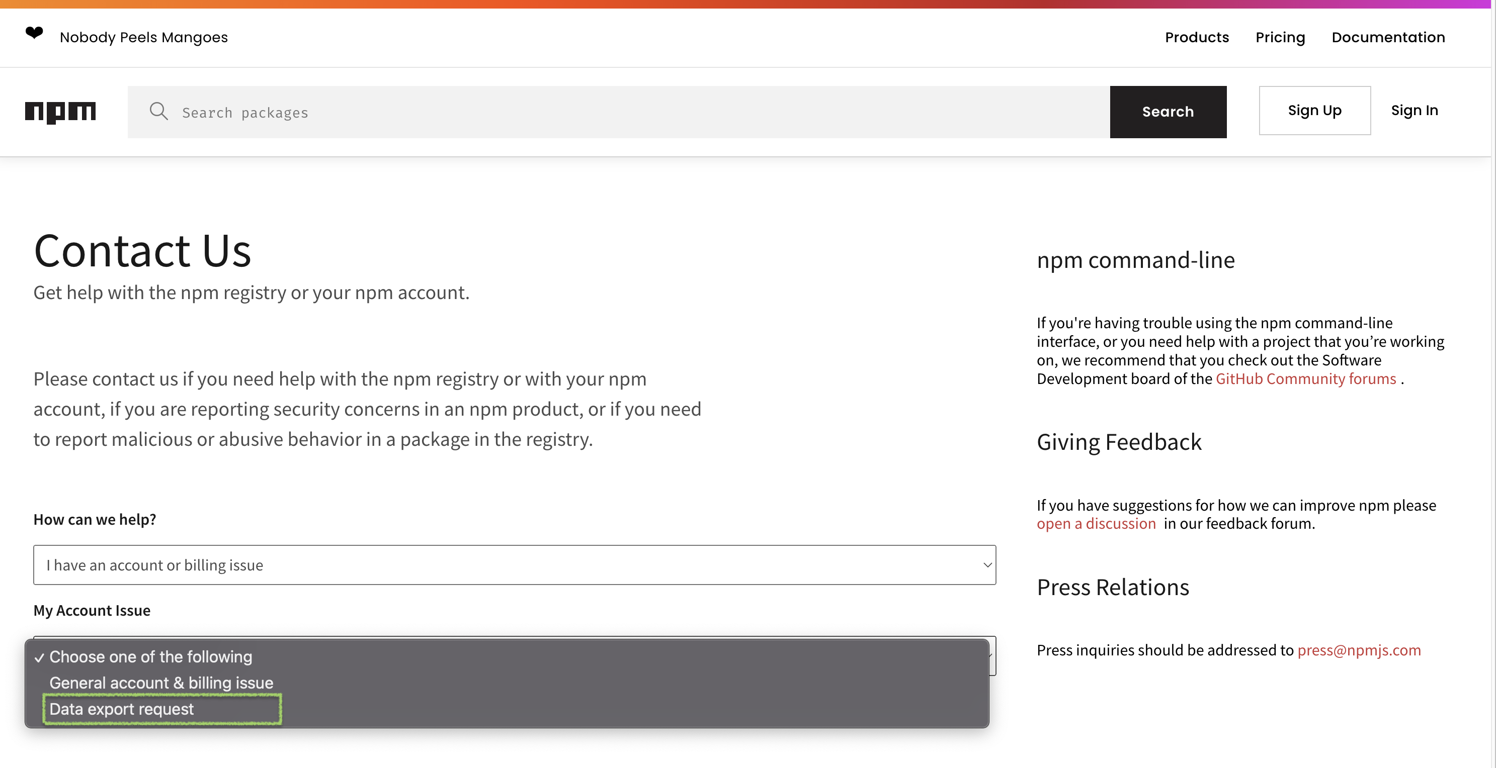 Screenshot showing the option to select a DSR export request from the support form.